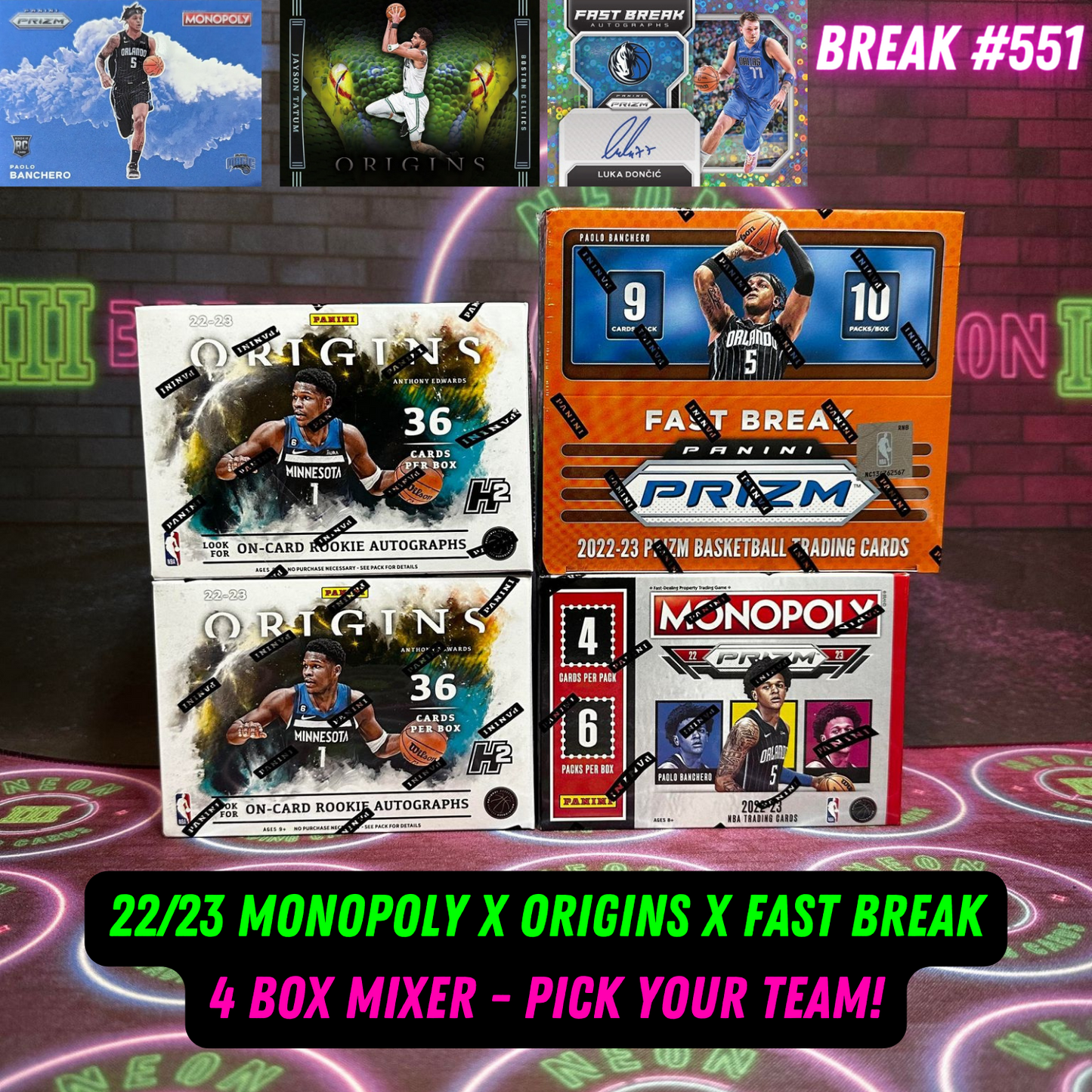 Break 551 - NBA 22/23 Monopoly Prizm Mixer ft Origins H2 & Prizm Fast Break - 4 Box Pick Your Team!