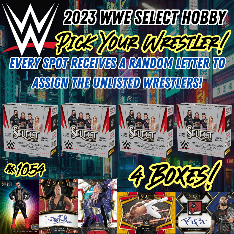 Break 1054 - 2023 WWE Select Hobby 4 Box Pick Your Wrestler - All Spots Also Receive Random Letter!