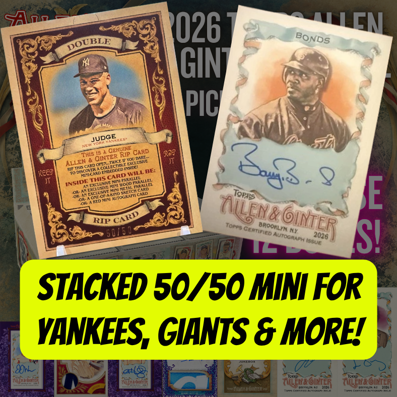 Stacked 50/50 Mini for Yankees, Giants & more in Break 5720 - 2026 Allen & Ginter Baseball Hobby - FULL CASE - PYT!