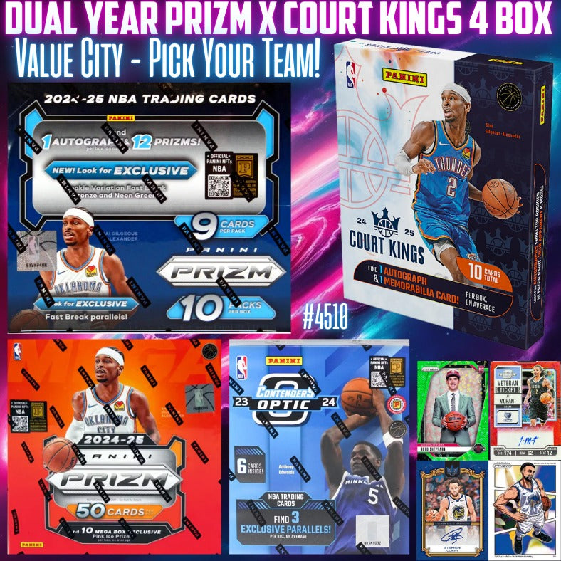 Break 4510 - Dual Year Prizm x Court Kings 4 Box - Value City - Pick Your Team!