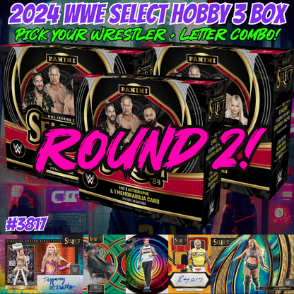 Break 3817 - 2024 WWE Select Hobby 3 Box - Pick Your Superstar & Letter Combo ROUND 2!