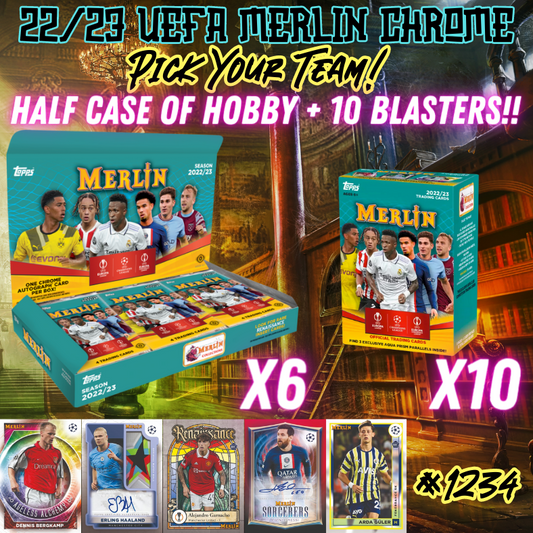 Break 1234 - 22/23 Topps UEFA Merlin Chrome 16 Box Mixer - Half Case Hobby + 10 Blasters - Pick Your Team!