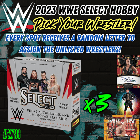 Break 2798 - 2023 WWE Select Hobby 3 Box - Pick Your Wrestler + Random Letter!
