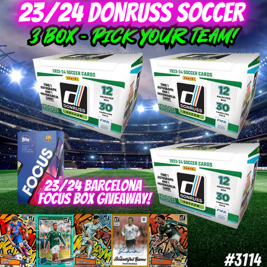 Break 3114 - 23/24 Donruss Soccer Hobby - 3 Box - Pick Your Team - Barcelona Focus Giveaway!