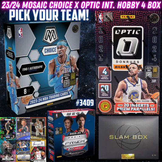 Break 3409 - NBA 23/24 Mosaic Choice x Optic Int. Hobby 4 Box - Pick Your Team!