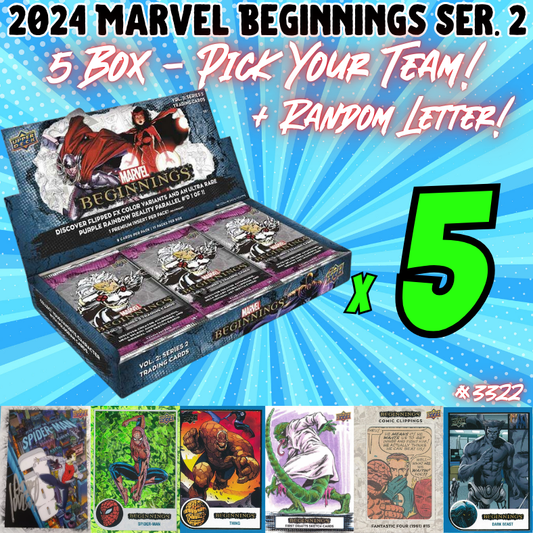 Break 3322 - 2024 Marvel Beginnings Series 2 - 5 Boxes - Pick Your Character/Team + Random Letter!