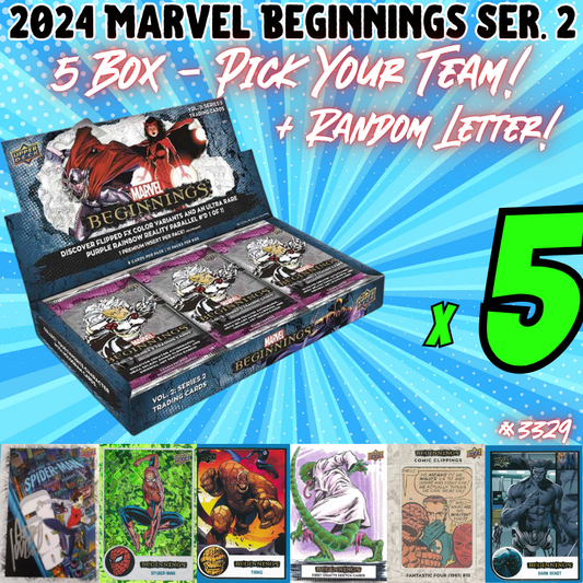 Break 3329 - 2024 Marvel Beginnings Series 2 - 5 Boxes - Pick Your Character/Team + Random Letter!