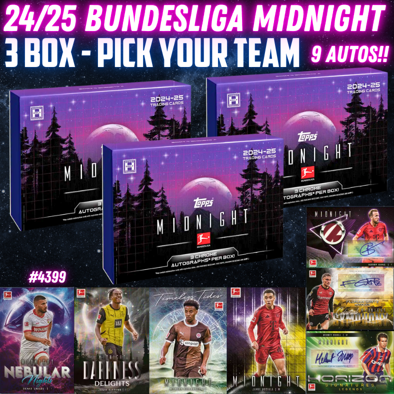 Break 4399 - NEW RELEASE - 24/25 Topps Bundesliga Midnight - Half Case - Pick Your Team - 9 Autos!