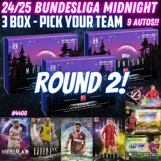 Break 4400 - NEW RELEASE - 24/25 Topps Bundesliga Midnight - Half Case - Pick Your Team - 9 Autos! ROUND 2!