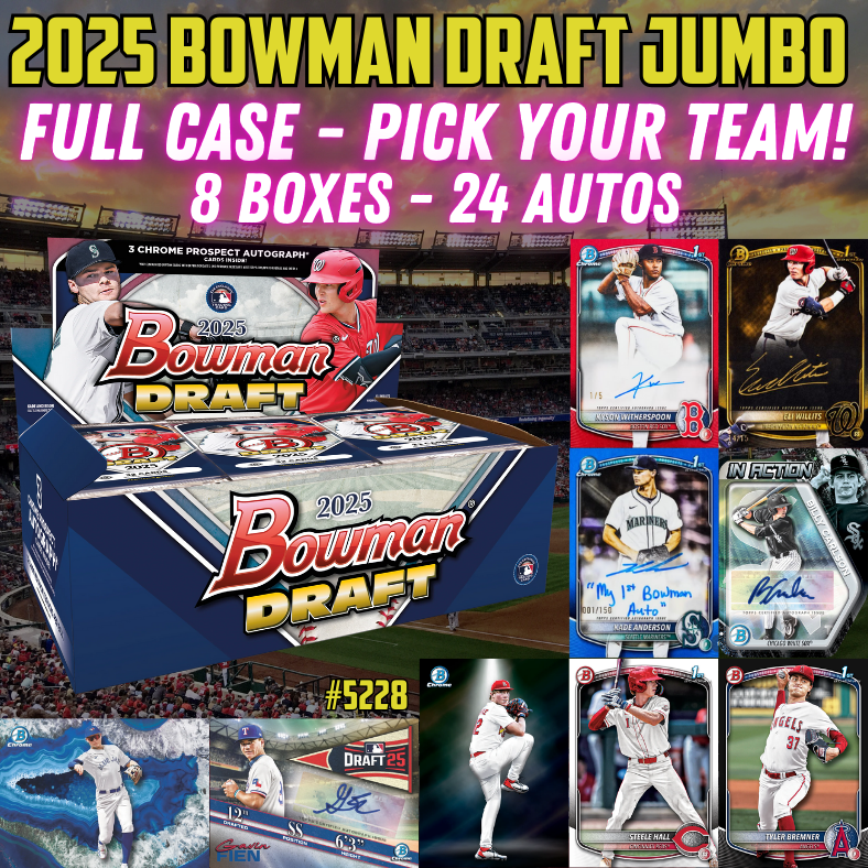Break 5228 - 2025 Bowman Draft RELEASE DAY Hobby Jumbo - FULL CASE - Pick Your Team!