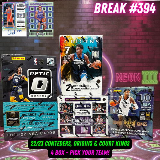 Break 394 - 22/23 NBA Contenders, Court Kings & Origins 4 Box Mixer - Pick Your Team!